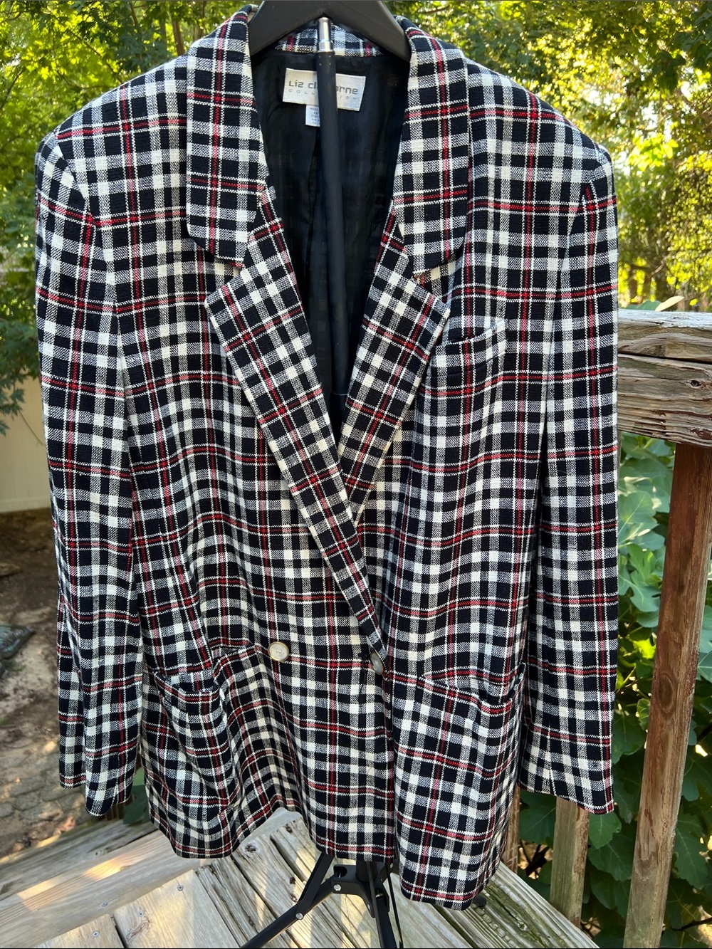VINTAGE Liz Claiborne Black, White & Red Plaid Double-Breasted Blazer Union Tag